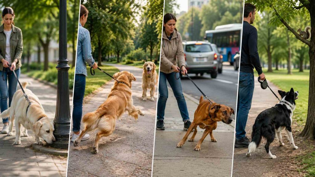 Comparison showing different reasons a dog pulls on the leash, including excitement, fear, strong smells, and chasing wildlife.