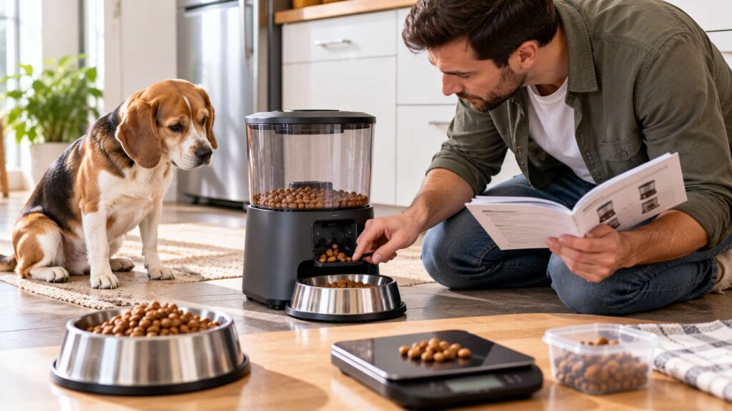 Dog owner checking a jammed automatic feeder while a Beagle watches nearby.