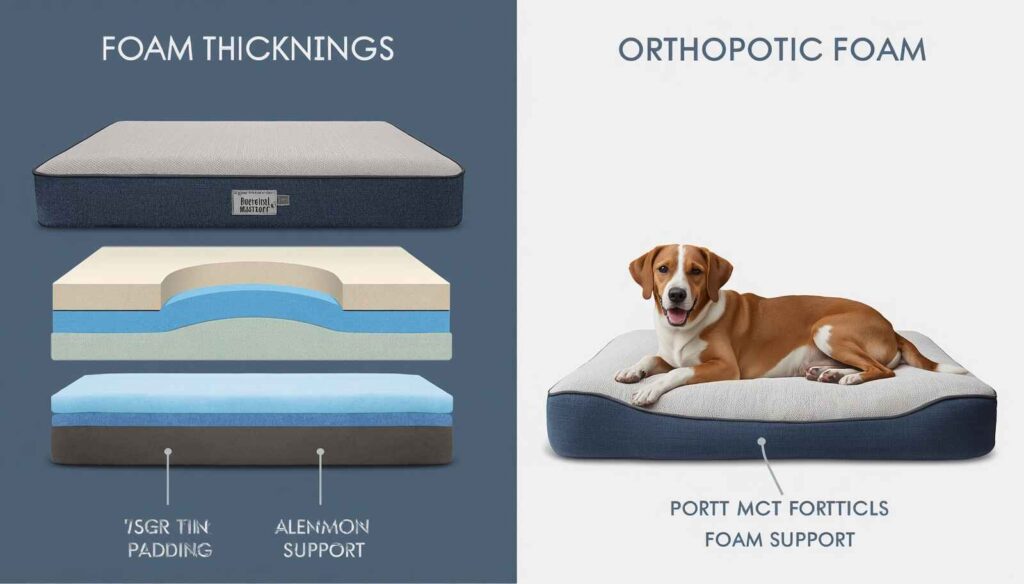 Comparison of standard dog bed padding and thick orthopedic foam support
