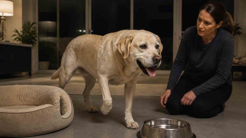 Why Is My Dog Panting at Night? Restless dog showing thirst and signs of physical discomfort.