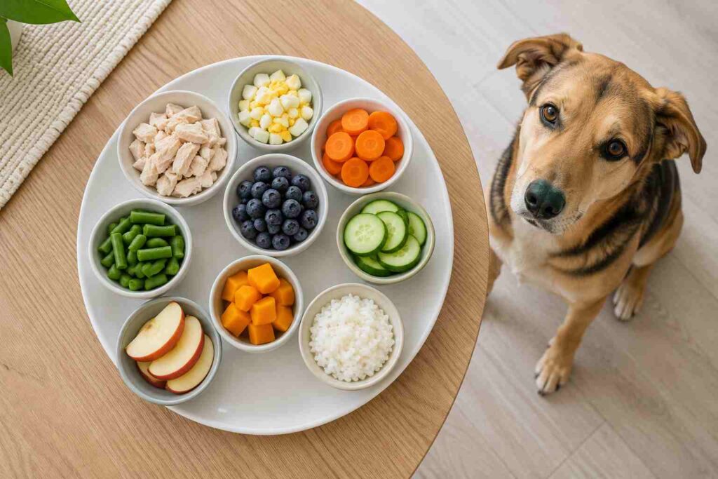 Dog-safe foods including plain chicken, cooked egg, carrots, cucumber, blueberries, apple slices, pumpkin, and rice.