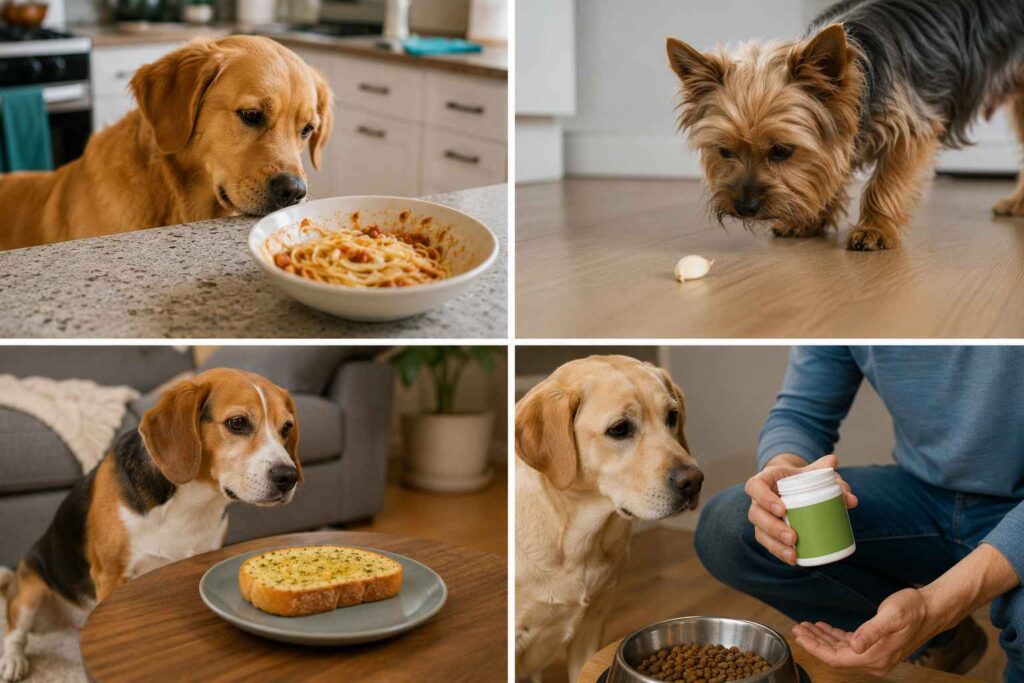 Four common dog garlic exposure situations involving pasta sauce, a garlic clove, garlic bread, and supplements.