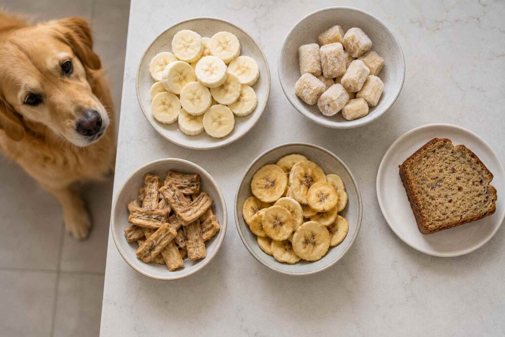 Fresh, frozen, dried, and baked banana forms compared for dogs