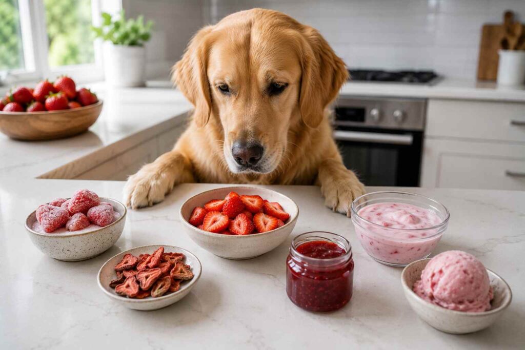 Fresh, frozen, dried, and processed strawberry foods compared for dogs