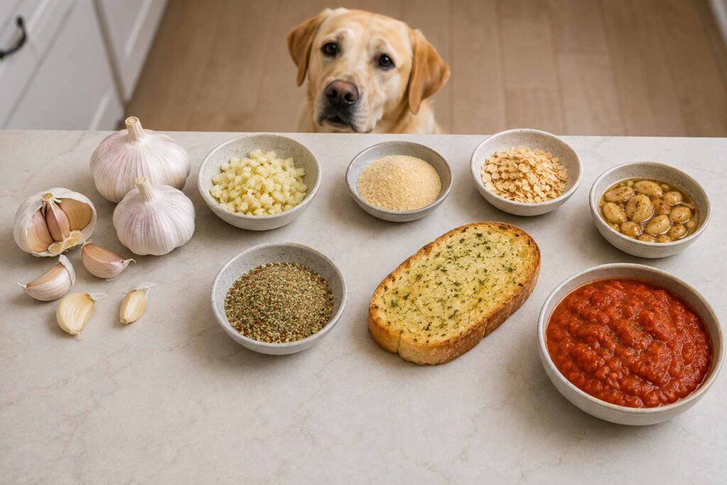 Can dogs eat garlic in fresh, cooked, powdered, or dried forms shown beside a dog.