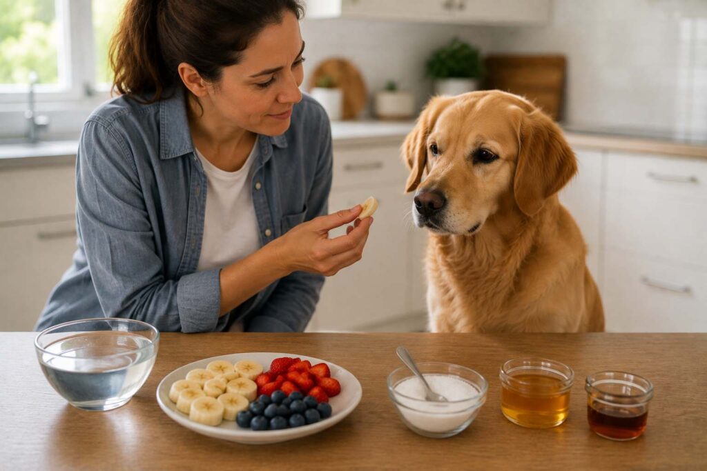 Dog owner choosing small portions of banana, strawberries, and blueberries instead of refined sugar, honey, and syrup.