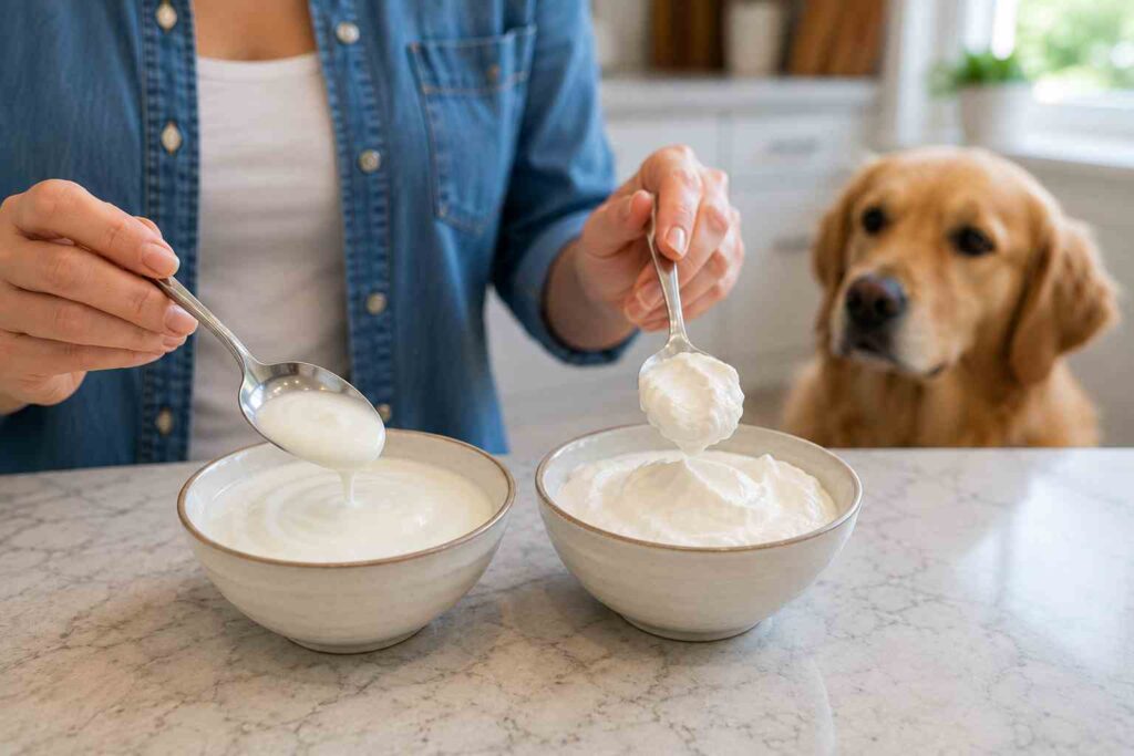 Regular yogurt and thicker Greek yogurt being compared with a dog nearby