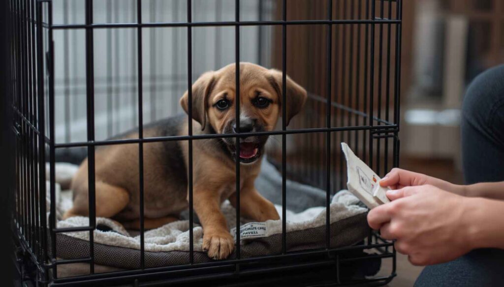 Puppy whining inside a crate while owner follows calm and consistent training techniques