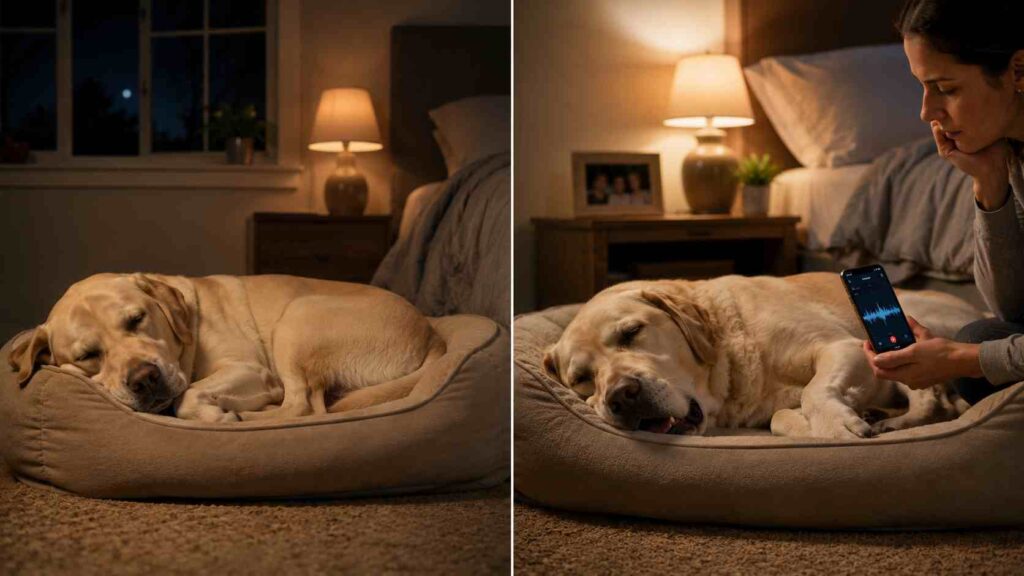 Comparison of a dog's usual occasional snoring and newly developed snoring being recorded by its owner.
