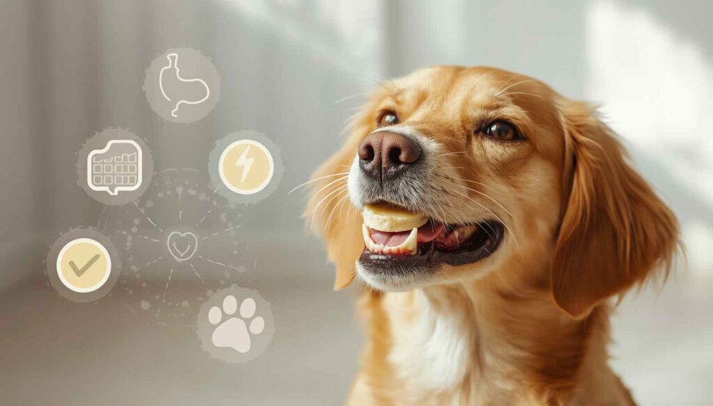 Healthy dog enjoying banana slices with icons representing digestion energy and wellness