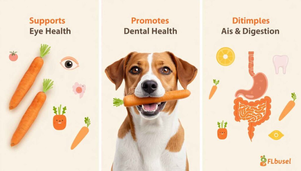 Infographic showing eye health dental health and digestive benefits of carrots for dogs