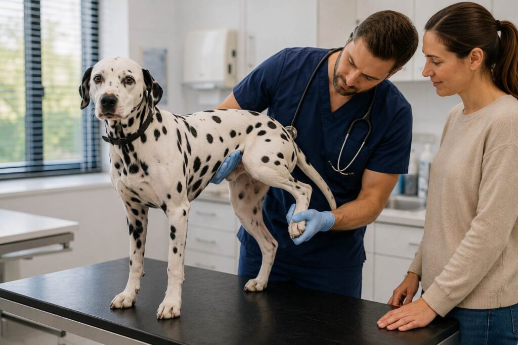 Veterinarian examining a Dalmatian's joints, eyes, ears, skin, and overall body condition during a routine checkup