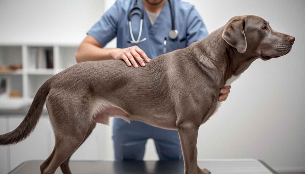 Veterinarian examining the skin and coat of a Silver Labrador Retriever in a veterinary clinic