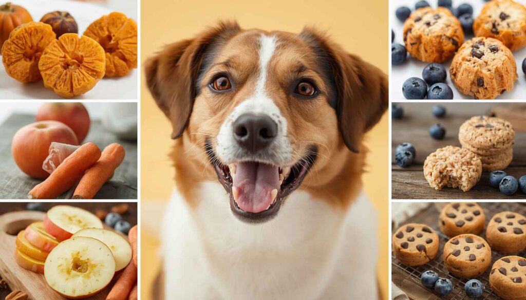 Happy dog enjoying healthy dog-friendly treats including fruits and vegetables