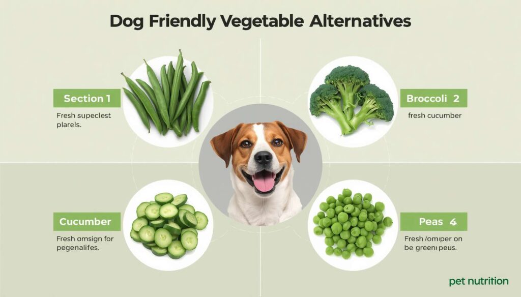 Dog-friendly vegetables including green beans broccoli cucumber and peas arranged around a healthy dog