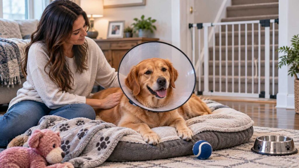 Female dog wearing a protective collar while resting in a safe home recovery area after spaying