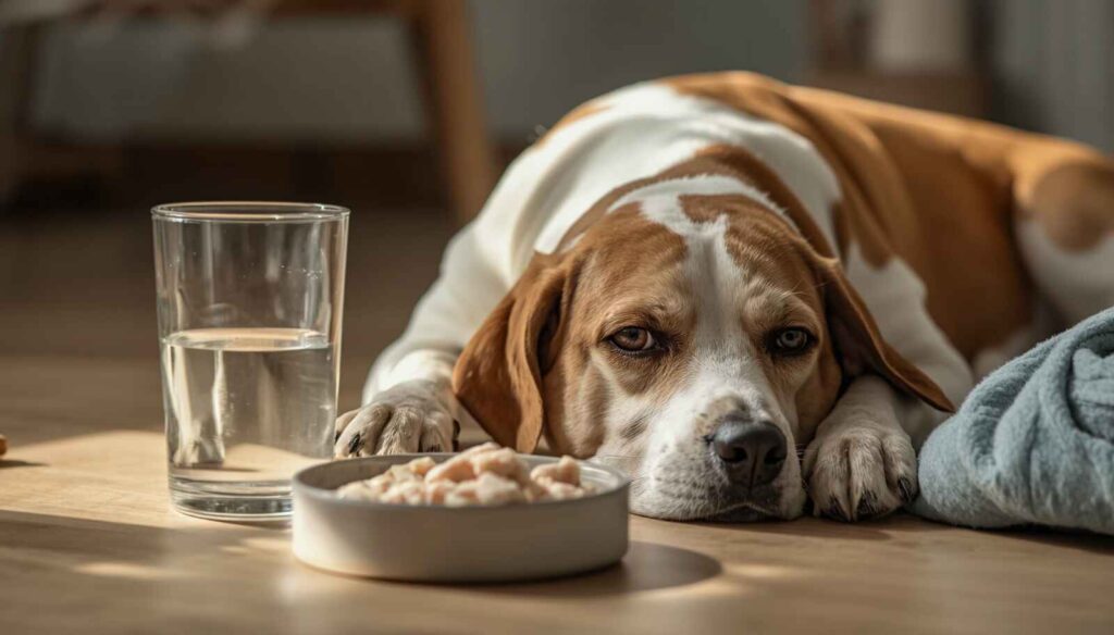 Dog recovering at home with bland food fresh water and a comfortable resting area
