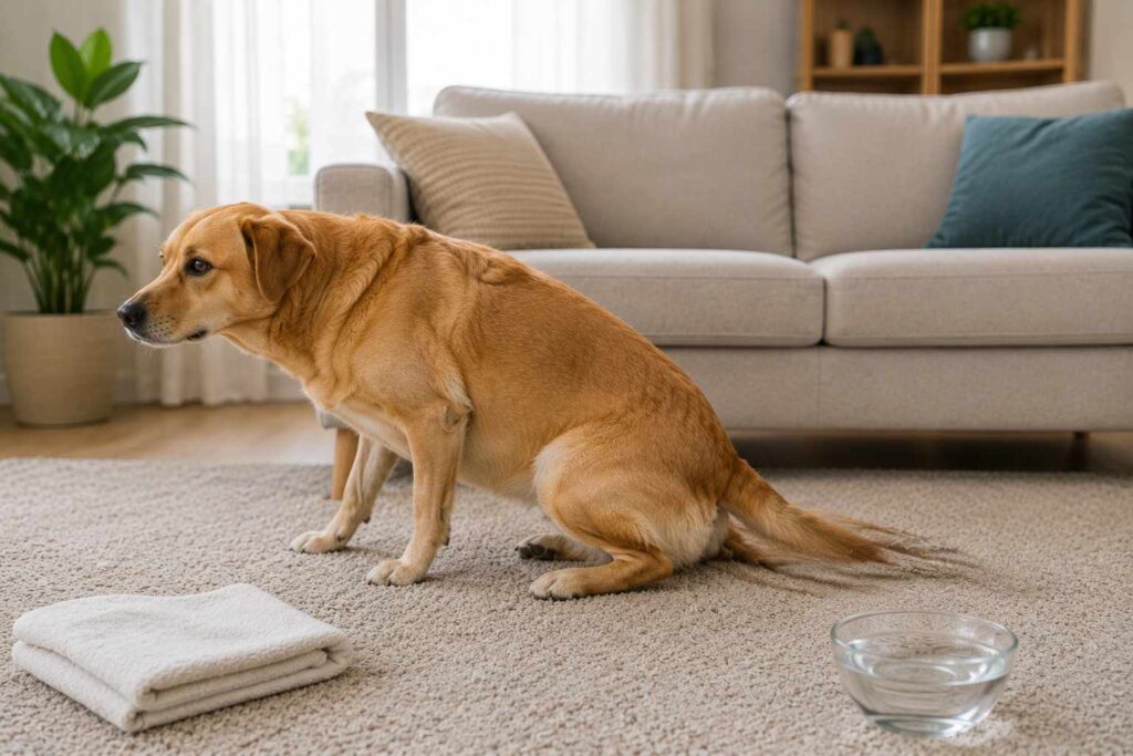 Dog sitting on a living room carpet after scooting with a towel and bowl of water nearby