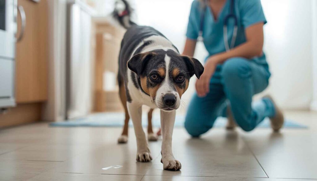 Dog scooting on the floor with owner looking concerned about anal gland or digestive issues
