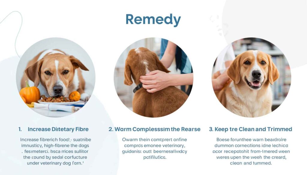 Infographic showing increased dietary fibre warm compresses and proper hygiene for dogs that scoot