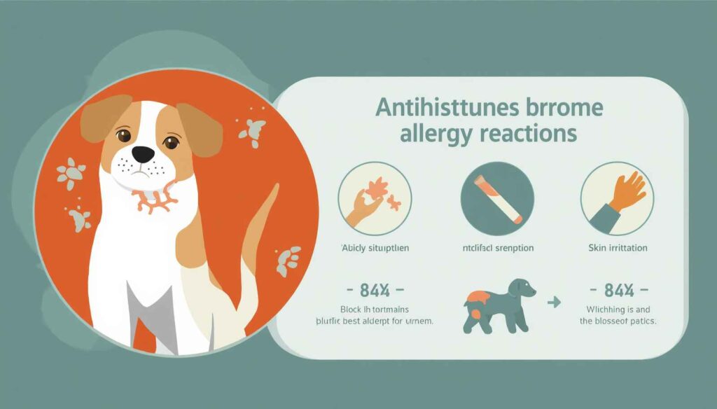 Educational infographic showing how Piriton helps reduce allergy symptoms in dogs
