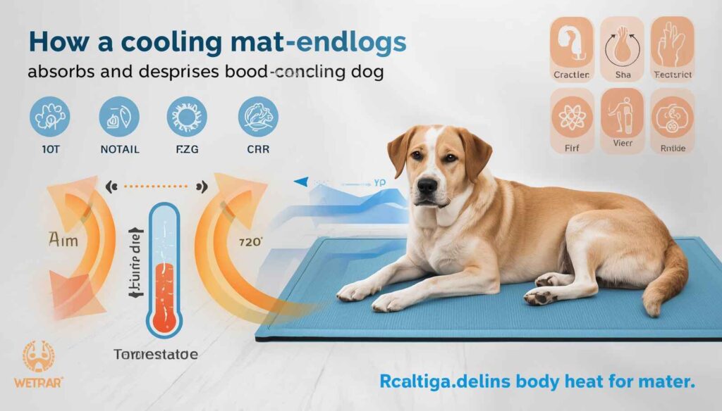 Educational infographic showing heat transfer between a dog and a cooling mat