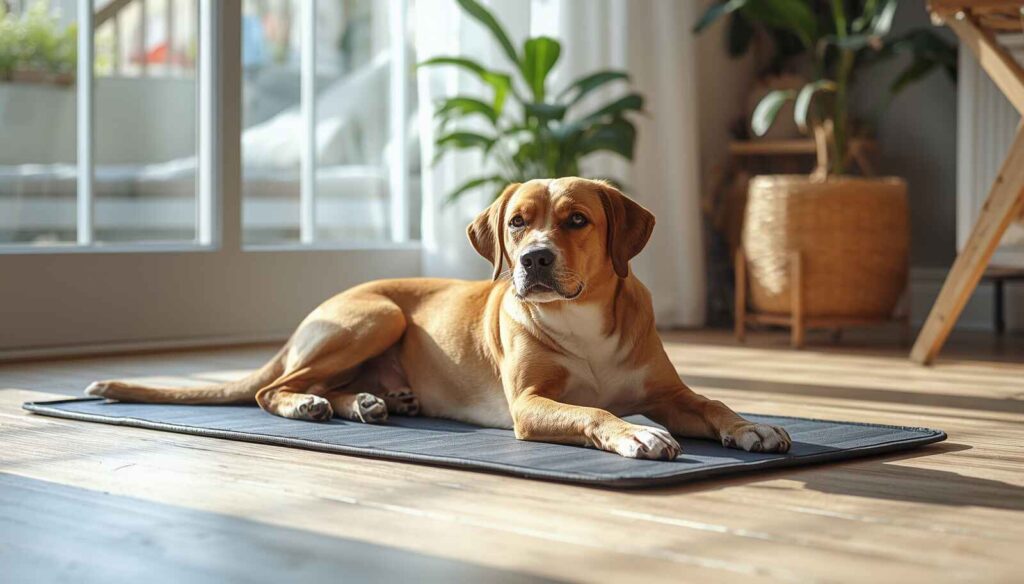 Dog relaxing comfortably on a cooling mat indoors during warm weather