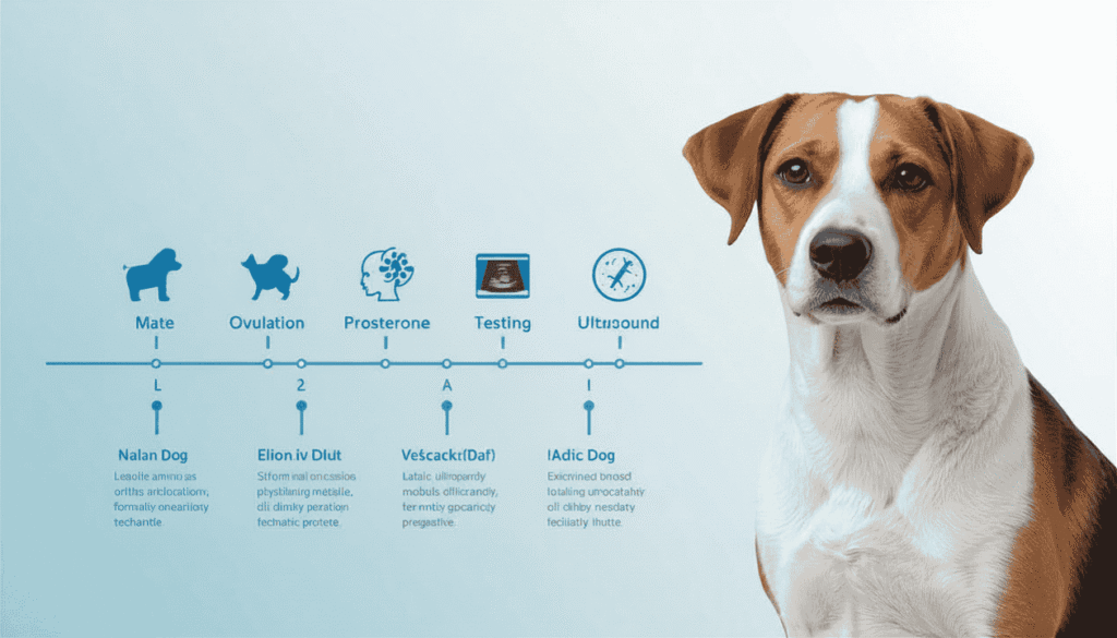Veterinary timeline showing how dog pregnancy is calculated from ovulation, mating, and due date