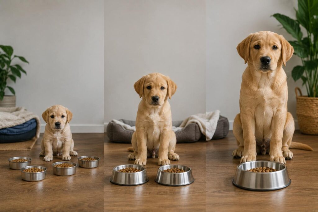 Puppy shown at different growth stages with changing meal portions and feeding frequency