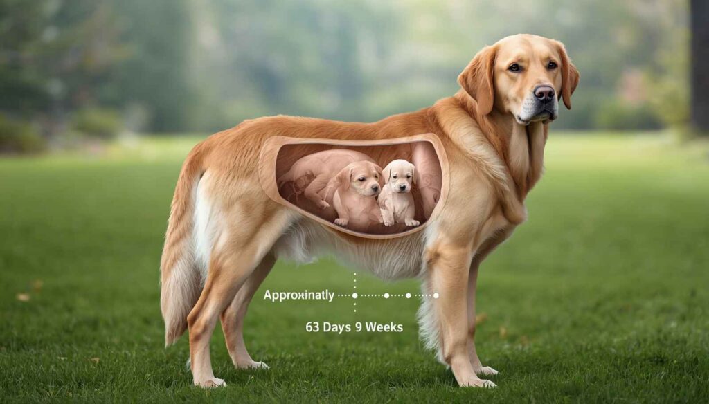 Pregnant Golden Retriever showing puppies developing during the average 63-day dog pregnancy timeline