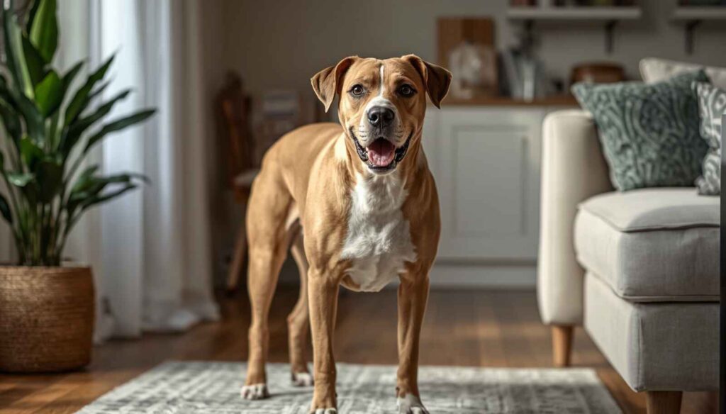 Healthy pregnant dog standing indoors with a visible pregnancy belly