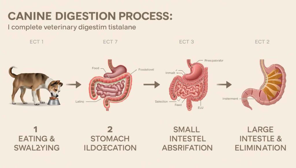 Infographic showing the four stages of dog digestion from eating to elimination