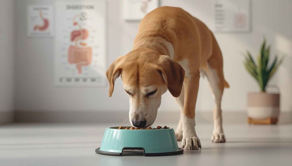 Healthy dog eating from a food bowl with an illustration of the digestive process