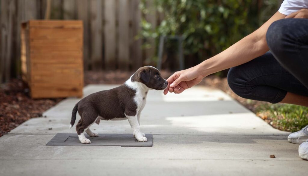 Young puppy learning to use an outdoor potty area while receiving praise from its owner