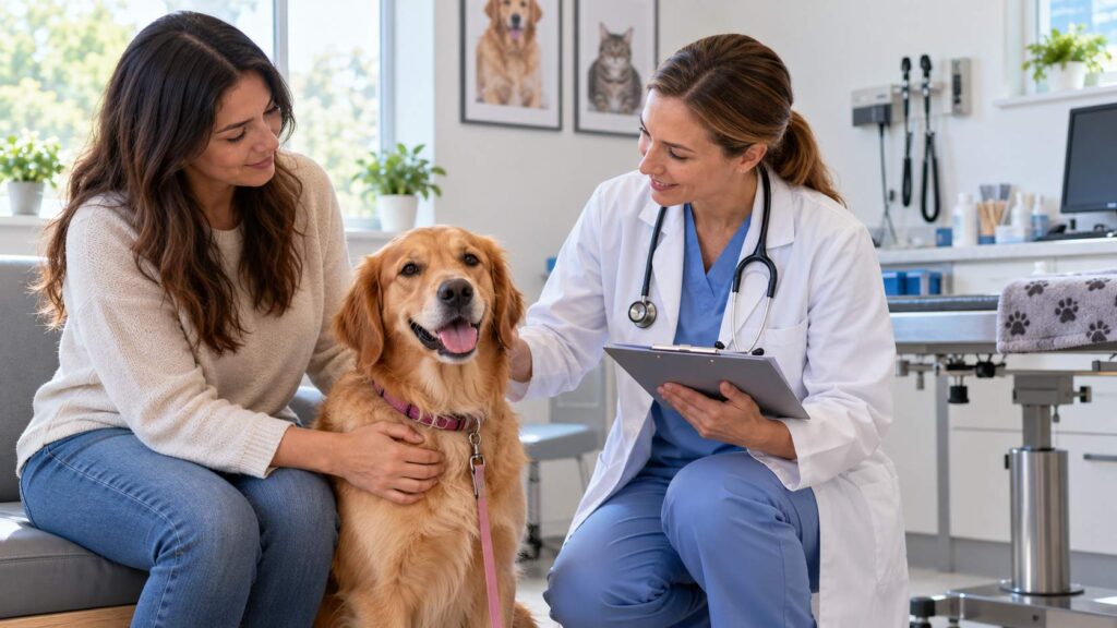 Female dog with her owner and veterinarian before a scheduled spay procedure