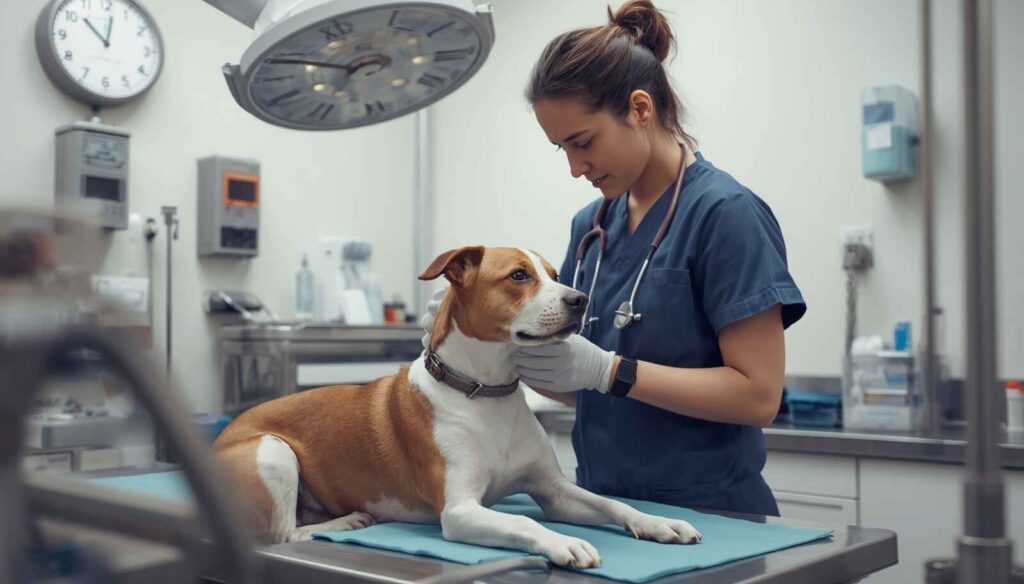 Veterinarian preparing a healthy female dog for a routine spay surgery in a veterinary clinic