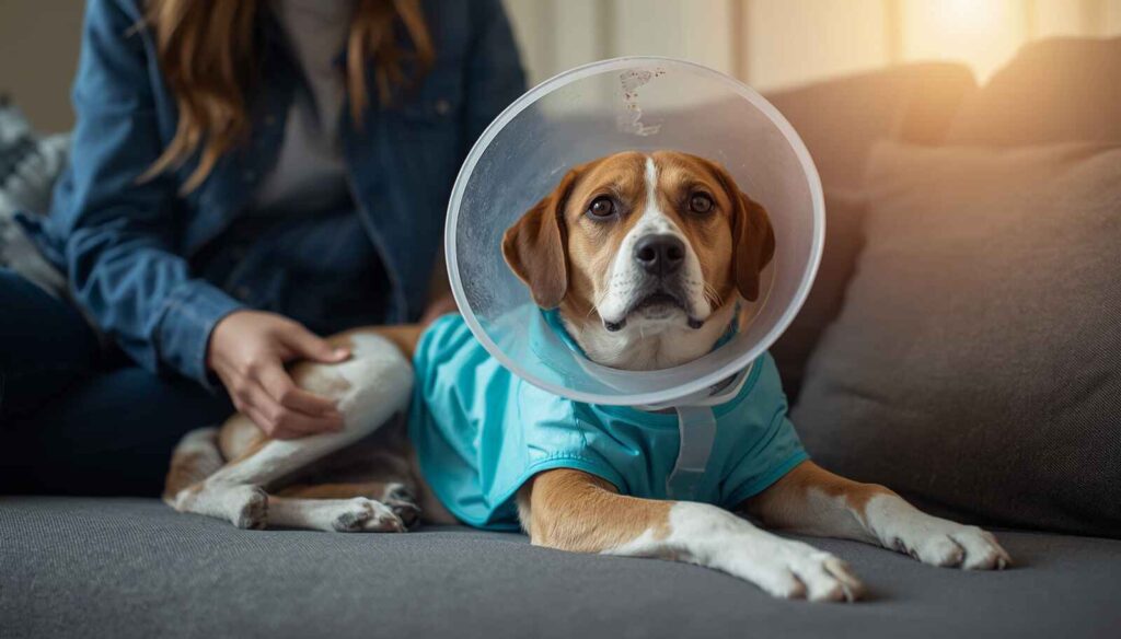Female dog resting comfortably at home after spay surgery while being monitored by its owner