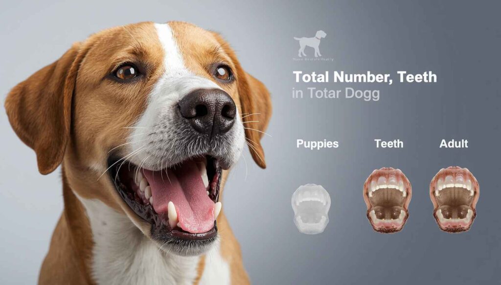Healthy dog showing clean teeth with an educational guide about dog teeth count