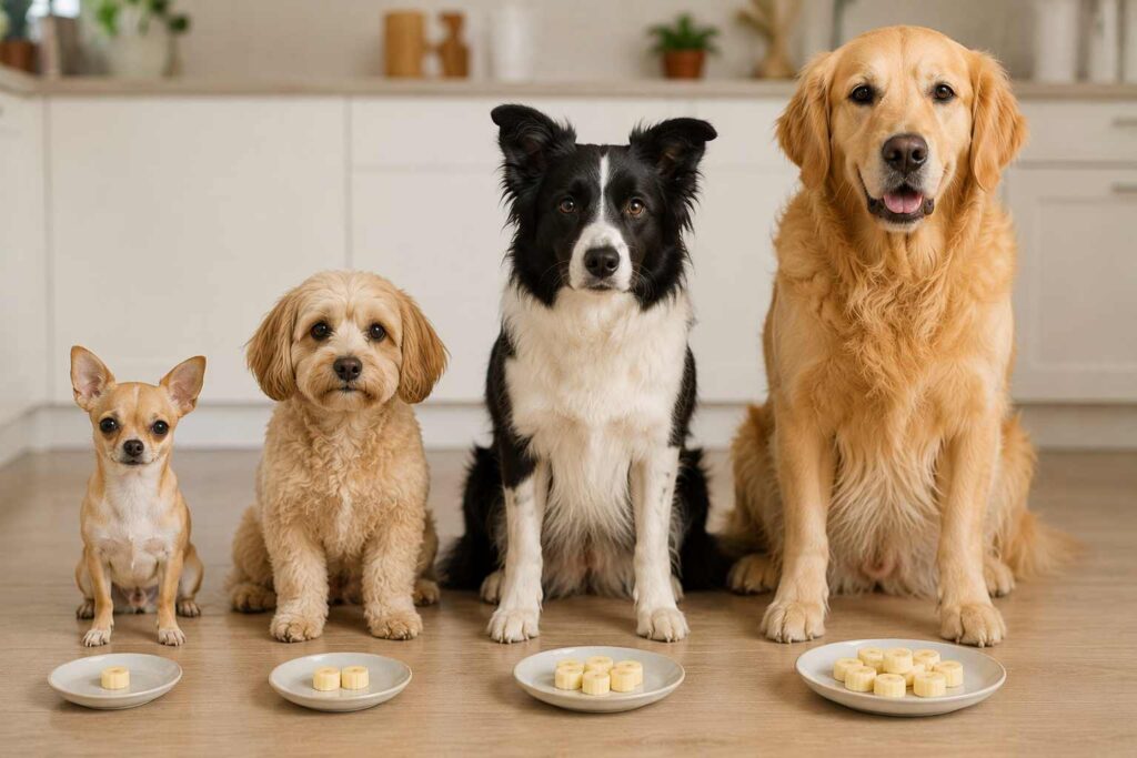 Different-sized dogs shown with appropriately sized portions of banana