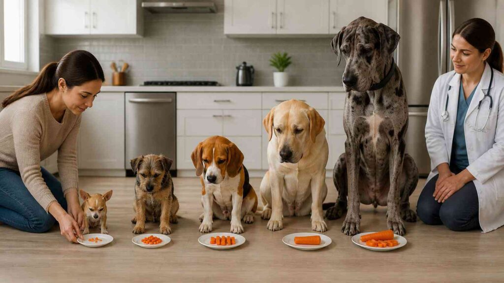 Appropriate carrot portions displayed for small, medium, large, and giant dog breeds.