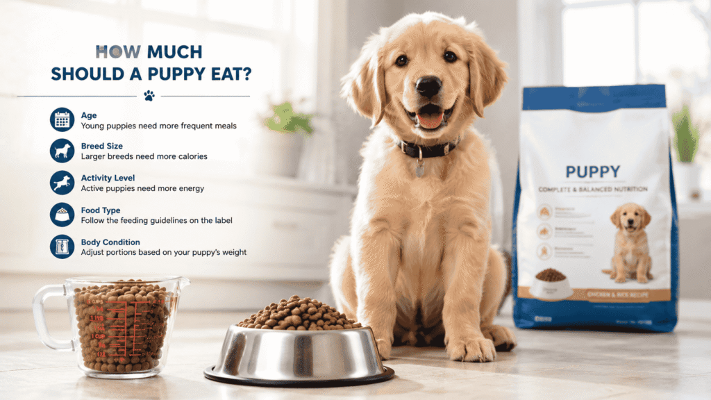 Healthy puppy sitting beside a properly measured food bowl and measuring cup