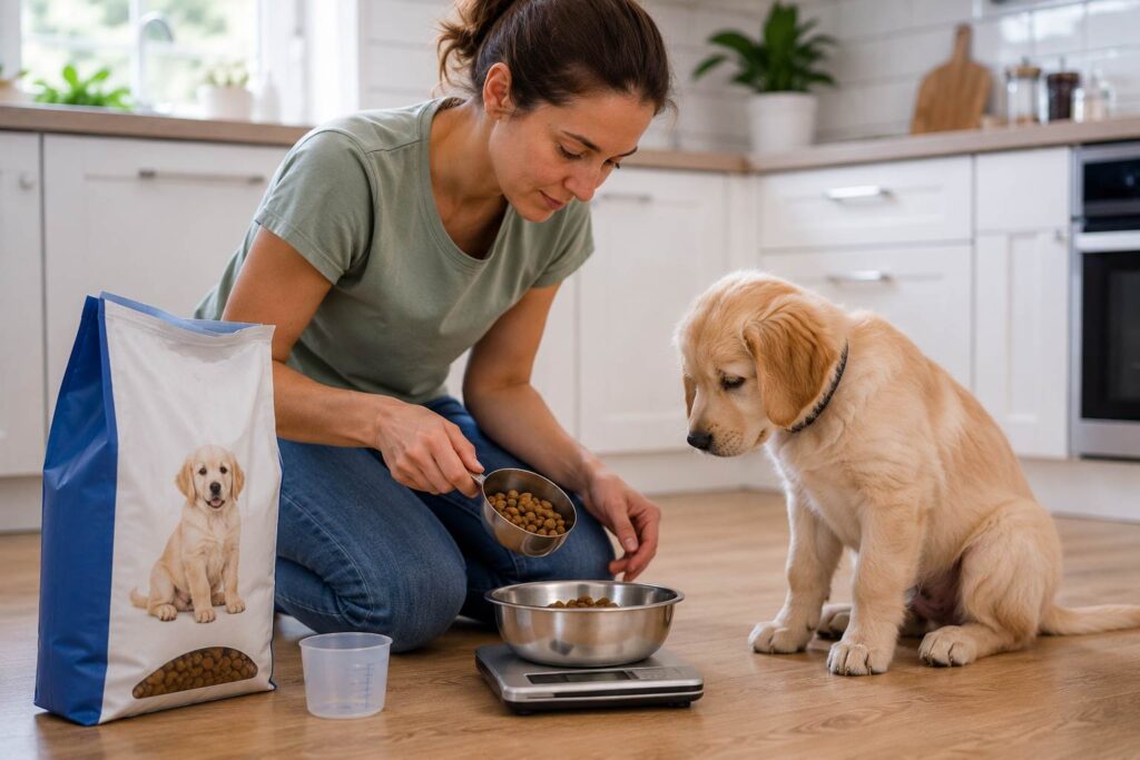 Healthy puppy beside a food bowl while the owner weighs puppy food on a digital kitchen scale