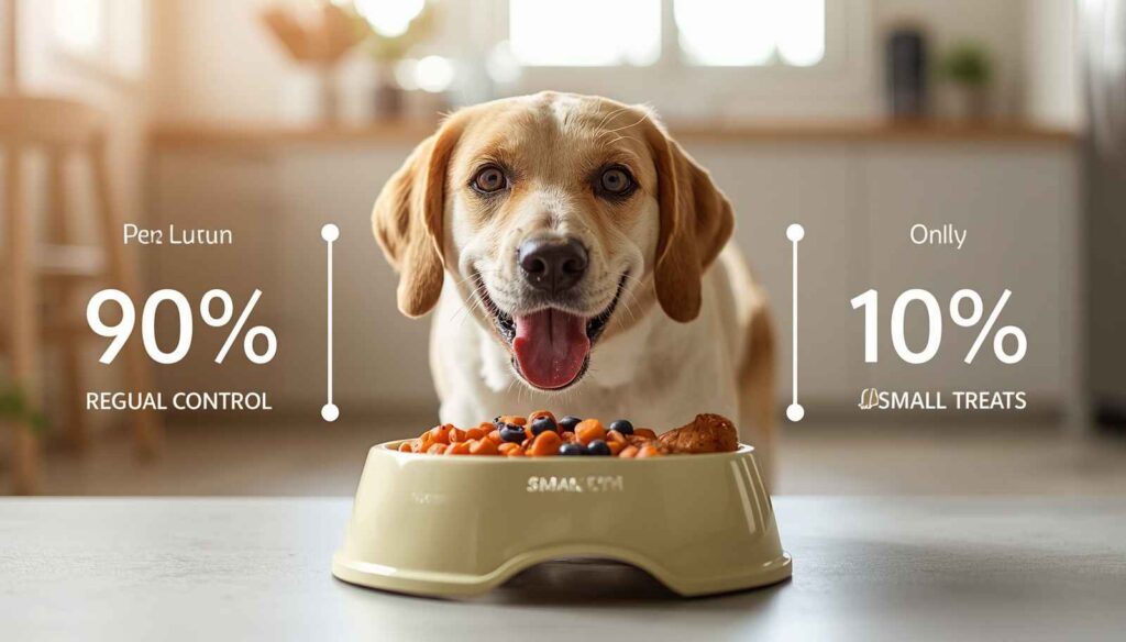 Dog eating a balanced meal with proper portions of dog food and healthy human foods