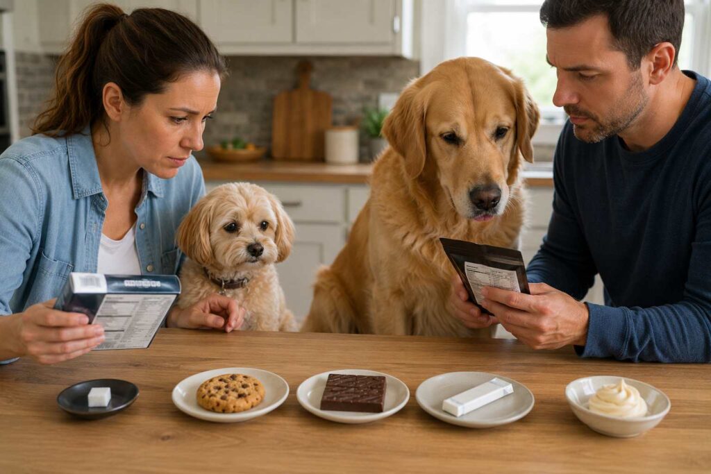 Small and large dogs beside different sweet foods while an owner compares portion size, ingredients, and product packaging.