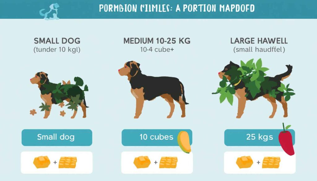 Portion guide showing appropriate mango serving sizes for small medium and large dogs
