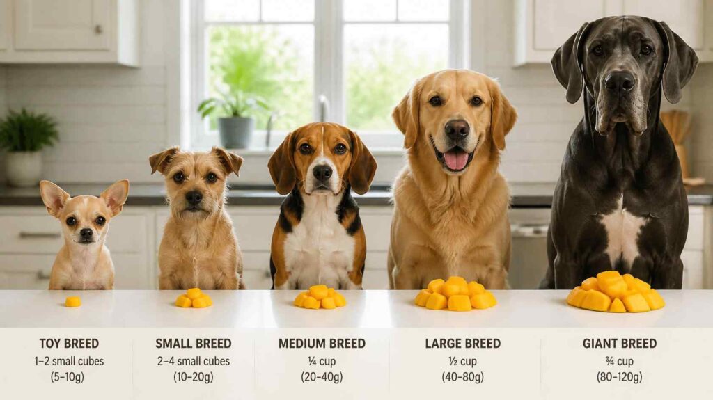 Different dog sizes shown with appropriately portioned servings of peeled mango.