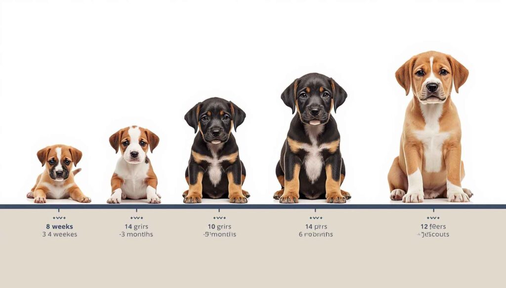 Puppy feeding chart showing daily food portions by age and growth stage