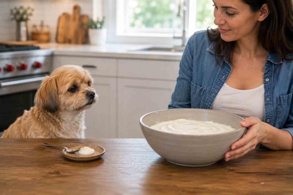 Small dog-sized portion of plain yogurt compared with a larger human serving