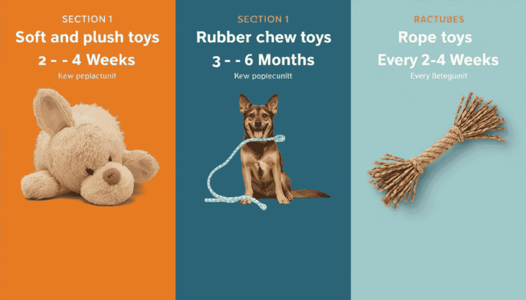 Dog toy replacement timeline showing plush toys rubber toys and rope toys with recommended replacement schedules