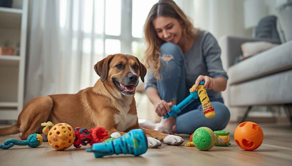 Dog playing with safe well-maintained toys while owner checks toy condition